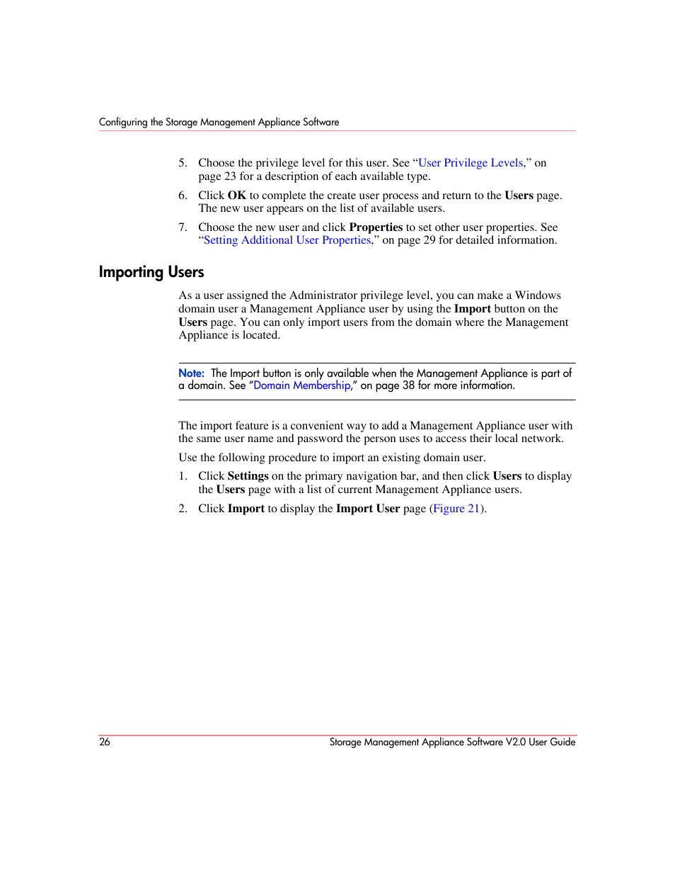 Importing users | HP OpenView Storage Management Appliance and Software User Manual | Page 42 / 146
