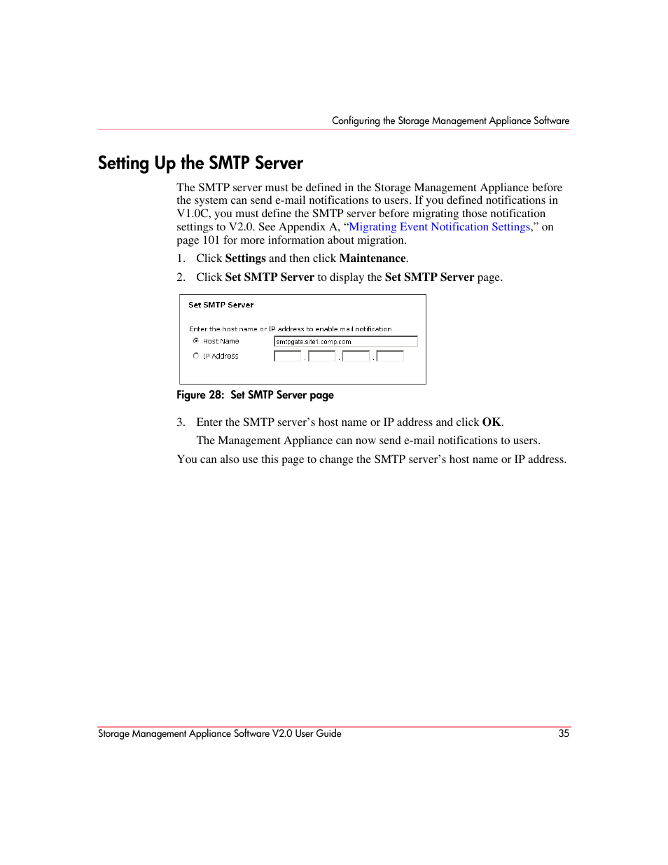 Setting up the smtp server, N features. see, Setting up the smtp | Server | HP OpenView Storage Management Appliance and Software User Manual | Page 51 / 146