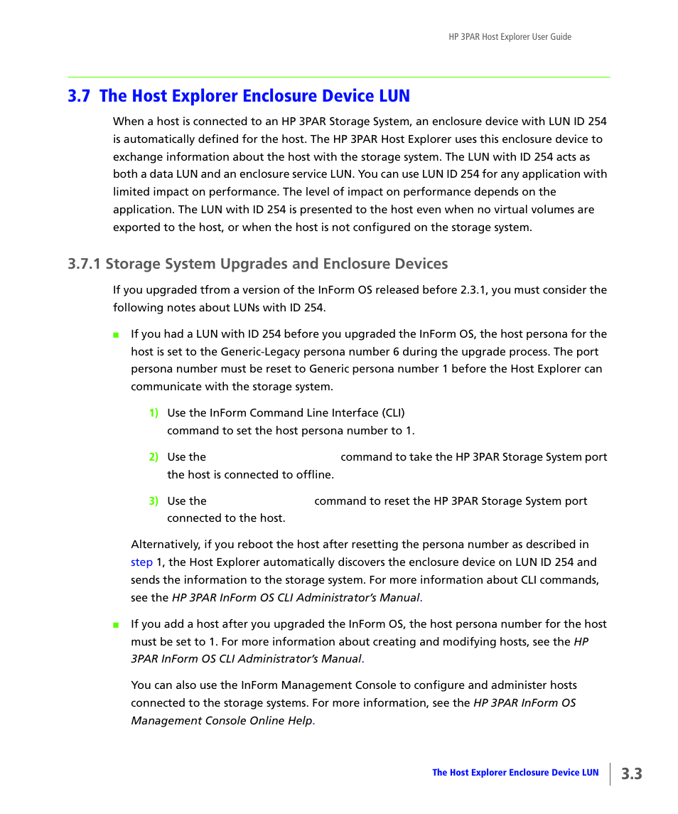 7 the host explorer enclosure device lun, 1 storage system upgrades and enclosure devices, The 3par host explorer enclosure device lun | HP 3PAR Host Explorer Software User Manual | Page 13 / 20