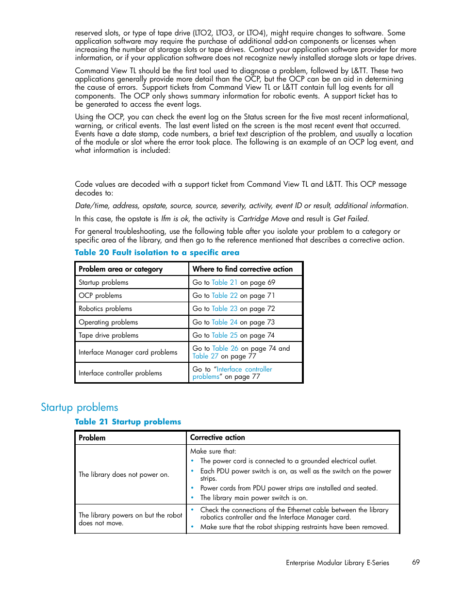 Startup problems, 20 fault isolation to a specific area, 21 startup problems | HP EML E-series Tape Libraries User Manual | Page 69 / 136