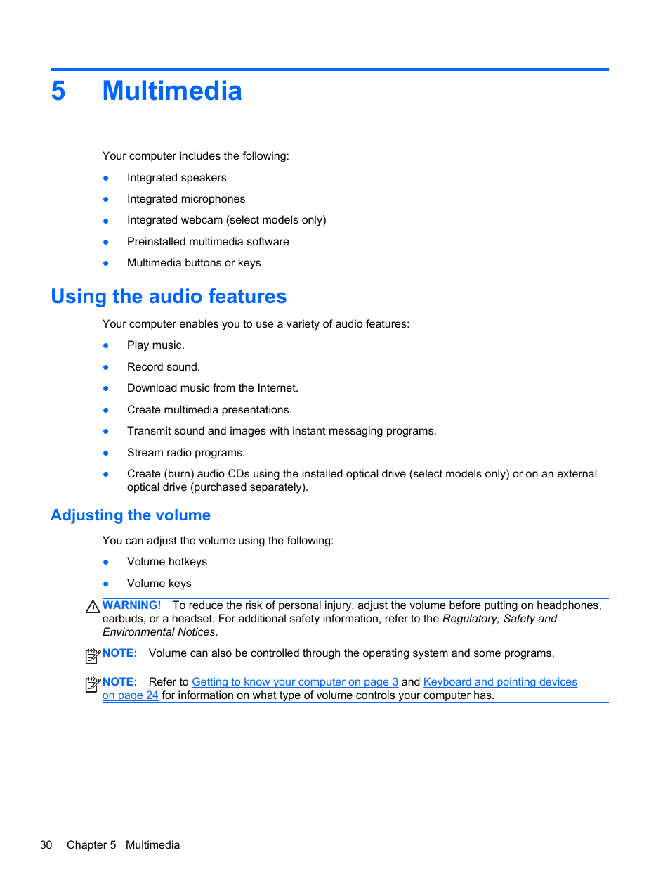 Multimedia, Using the audio features, Adjusting the volume | 5 multimedia, 5multimedia | HP ProBook 4446s Notebook-PC User Manual | Page 40 / 100