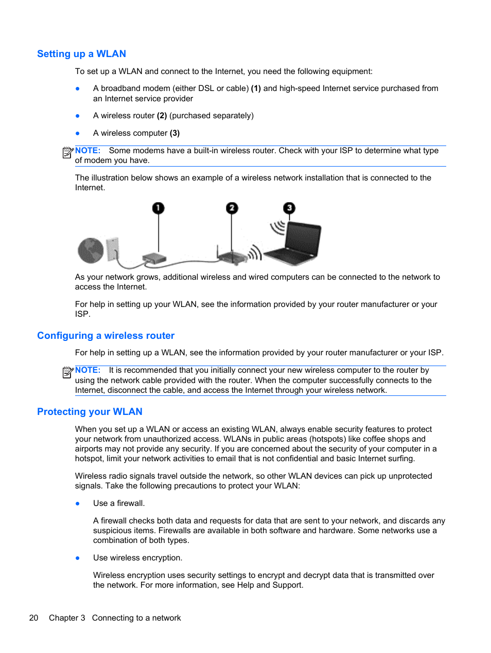 Setting up a wlan, Configuring a wireless router, Protecting your wlan | HP Pavilion m6-1002xx Entertainment Notebook PC User Manual | Page 30 / 101