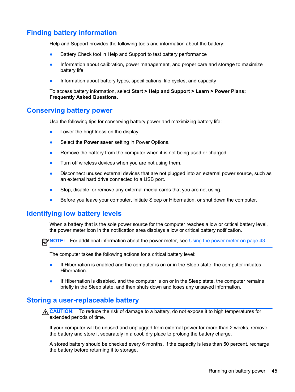 Finding battery information, Conserving battery power, Identifying low battery levels | Storing a user-replaceable battery | HP Pavilion m6-1002xx Entertainment Notebook PC User Manual | Page 55 / 101