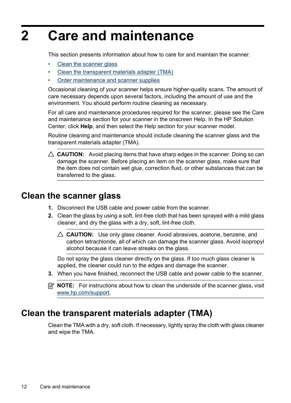 Care and maintenance, Clean the scanner glass, Clean the transparent materials adapter (tma) | 2 care and maintenance, 2care and maintenance | HP Scanjet G3110 Photo Scanner User Manual | Page 14 / 30