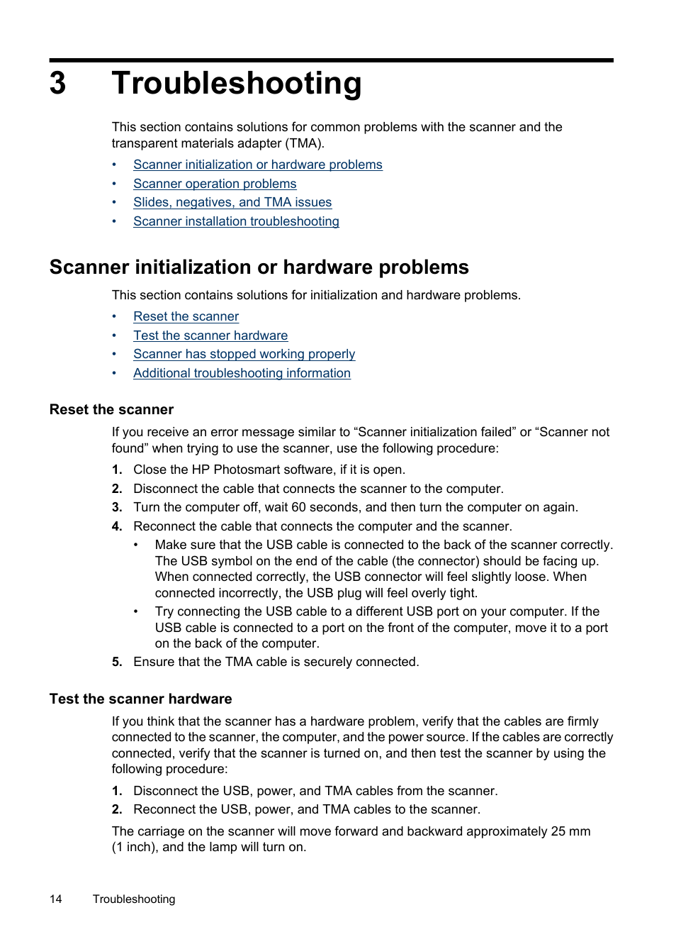 Troubleshooting, Scanner initialization or hardware problems, Reset the scanner | Test the scanner hardware, 3 troubleshooting, 3troubleshooting | HP Scanjet G3110 Photo Scanner User Manual | Page 16 / 30