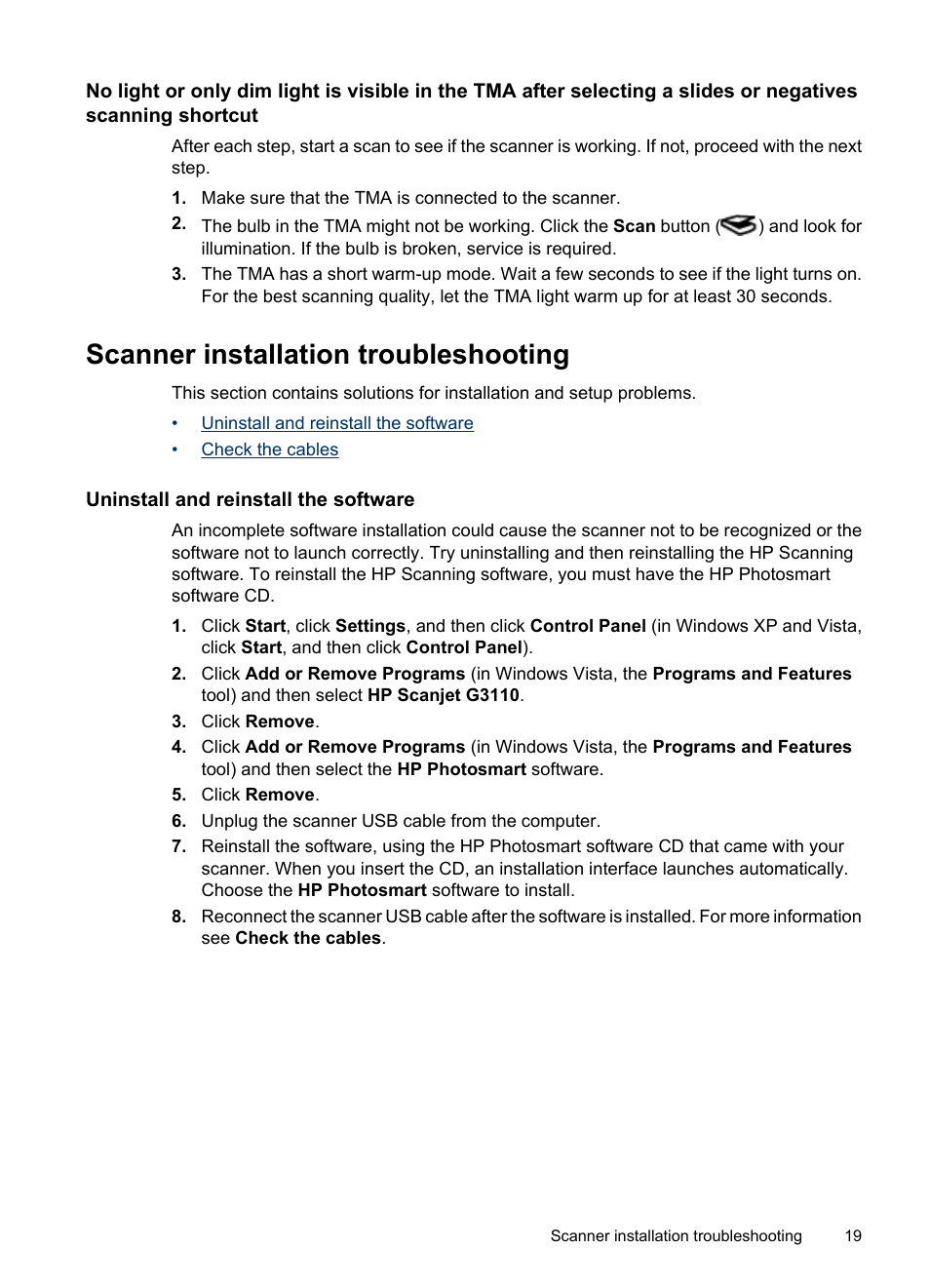 Scanner installation troubleshooting, Uninstall and reinstall the software | HP Scanjet G3110 Photo Scanner User Manual | Page 21 / 30