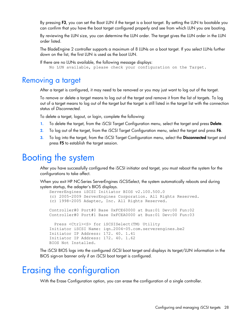 Removing a target, Booting the system, Erasing the configuration | Booting the system erasing the configuration | HP NC550SFP Dual Port 10GbE Server Adapter User Manual | Page 28 / 43