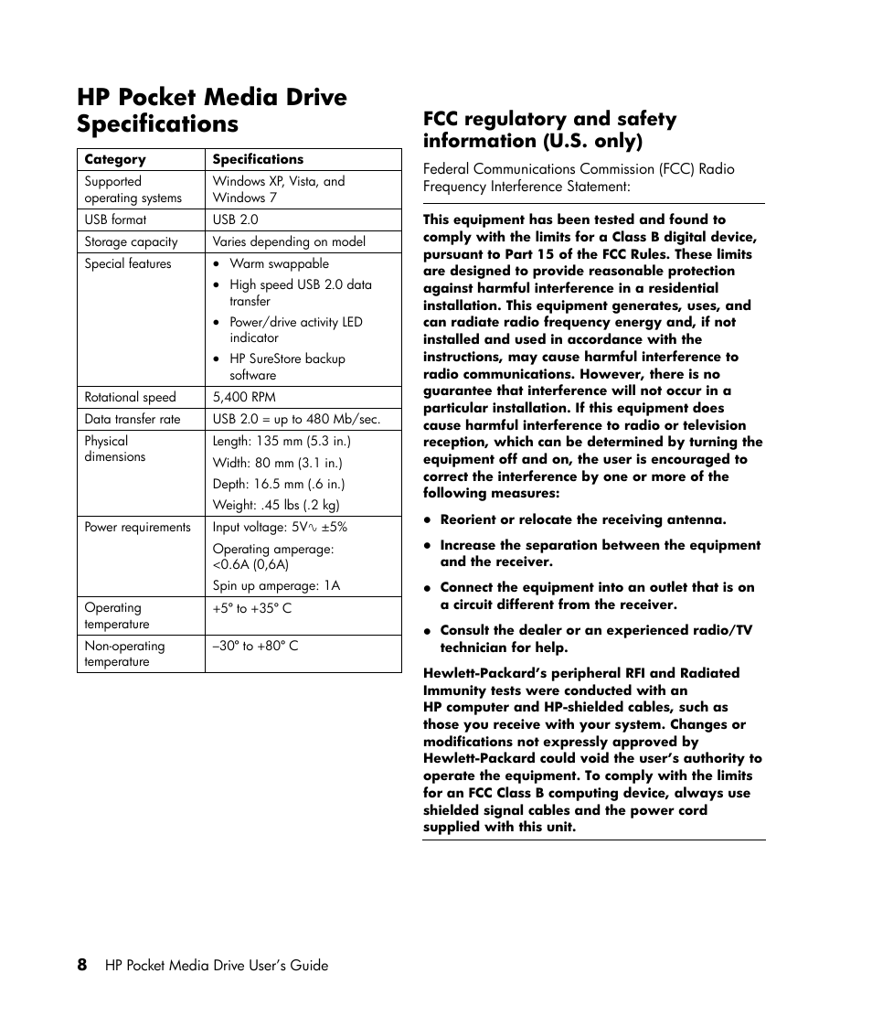 Hp pocket media drive specifications, Fcc regulatory and safety information (u.s. only) | HP PD6400z Pocket Media Drive User Manual | Page 12 / 13
