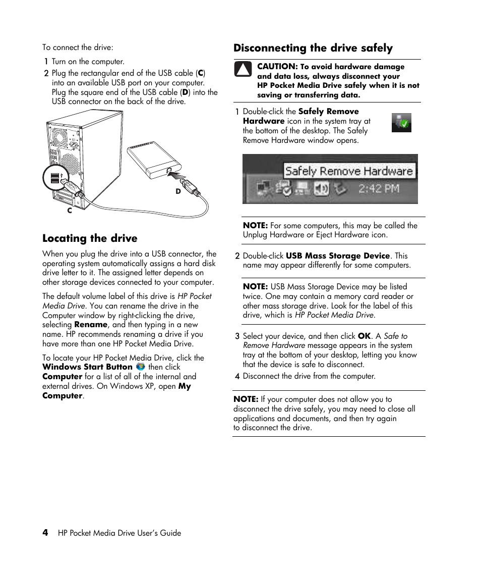 Locating the drive, Disconnecting the drive safely | HP PD6400z Pocket Media Drive User Manual | Page 8 / 13