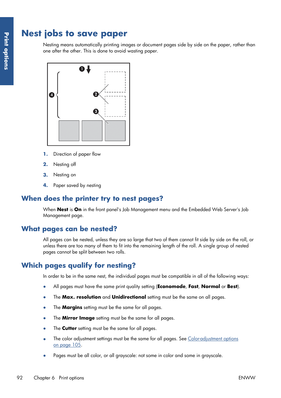 Nest jobs to save paper, When does the printer try to nest pages, What pages can be nested | Which pages qualify for nesting | HP Designjet Z6200 Photo Printer User Manual | Page 100 / 220