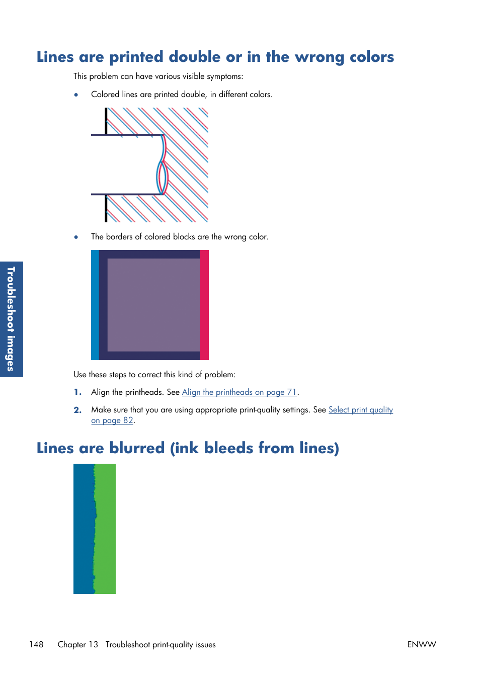 Lines are printed double or in the wrong colors, Lines are blurred (ink bleeds from lines) | HP Designjet Z6200 Photo Printer User Manual | Page 156 / 220