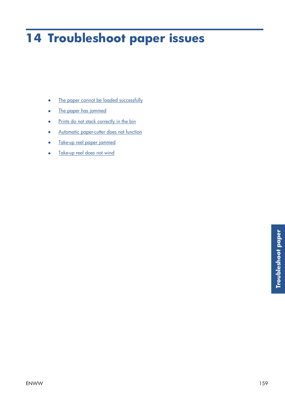 Troubleshoot paper issues, 14 troubleshoot paper issues | HP Designjet Z6200 Photo Printer User Manual | Page 167 / 220