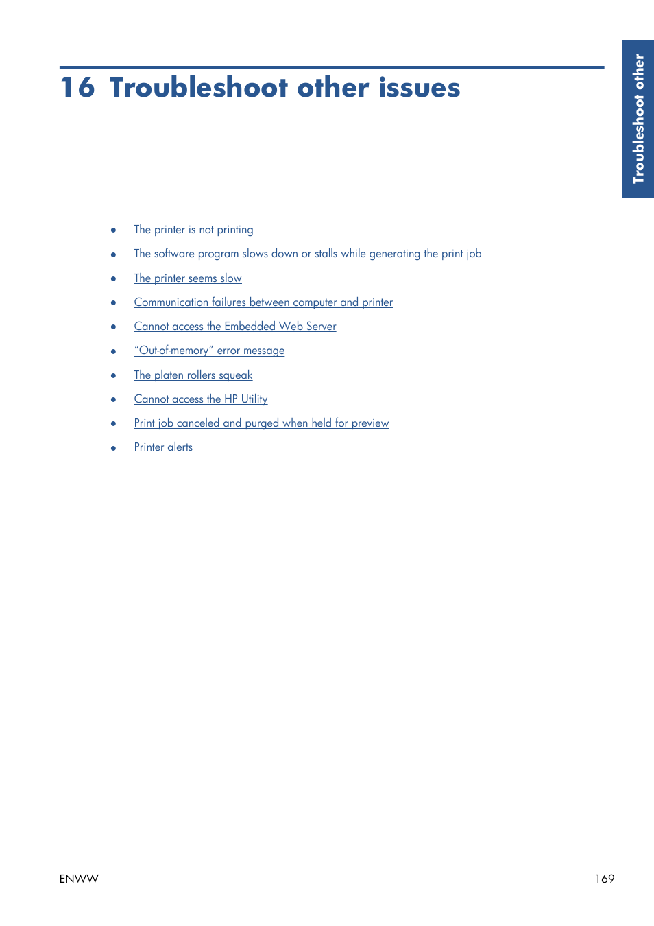 Troubleshoot other issues, 16 troubleshoot other issues | HP Designjet Z6200 Photo Printer User Manual | Page 177 / 220
