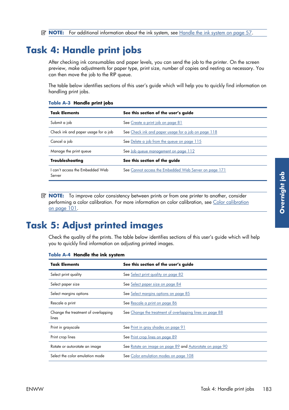 Task 4: handle print jobs, Task 5: adjust printed images, Ov ernight jo b | HP Designjet Z6200 Photo Printer User Manual | Page 191 / 220