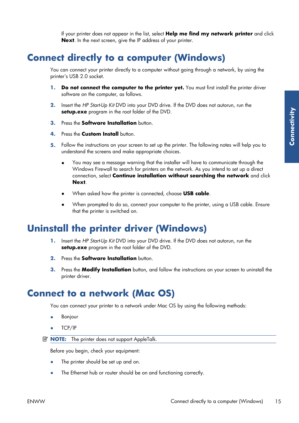 Connect directly to a computer (windows), Uninstall the printer driver (windows), Connect to a network (mac os) | HP Designjet Z6200 Photo Printer User Manual | Page 23 / 220