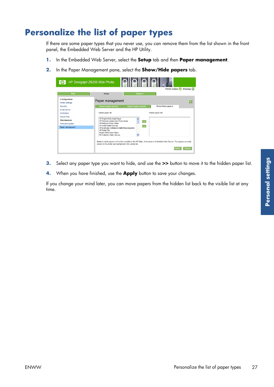 Personalize the list of paper types | HP Designjet Z6200 Photo Printer User Manual | Page 35 / 220