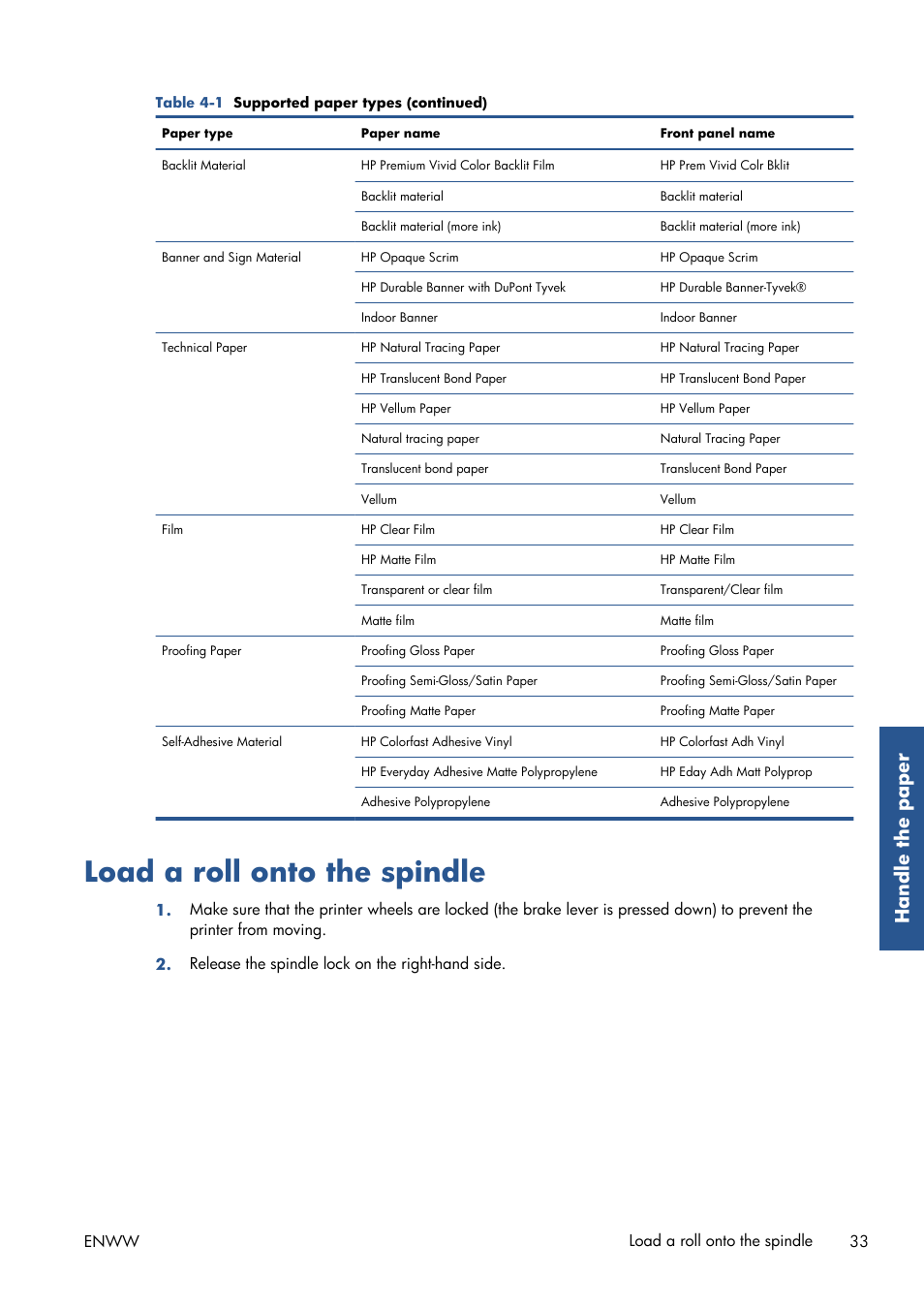 Load a roll onto the spindle, Handle the paper | HP Designjet Z6200 Photo Printer User Manual | Page 41 / 220