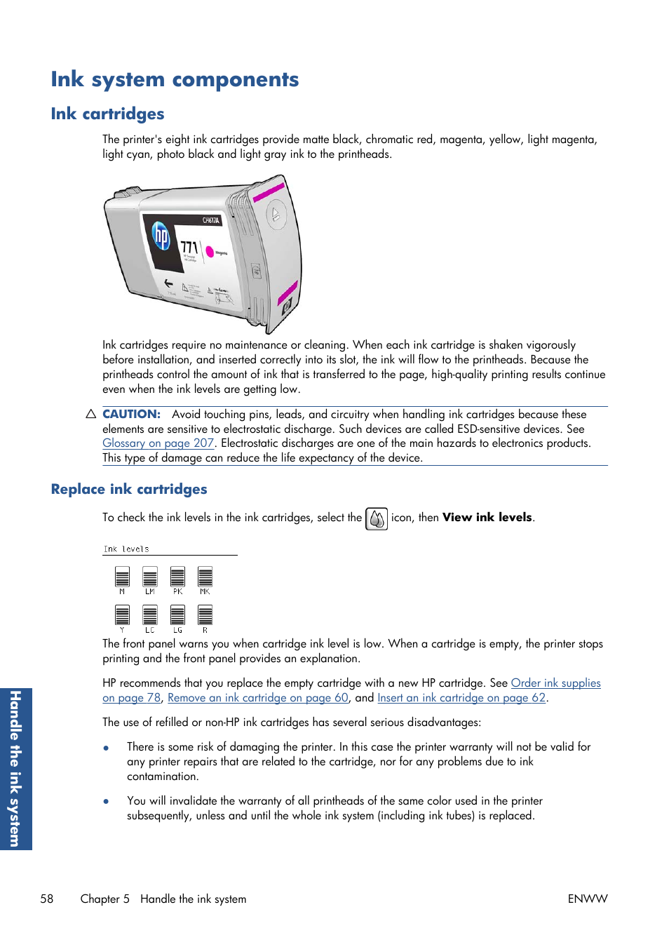 Ink system components, Ink cartridges, Replace ink cartridges | HP Designjet Z6200 Photo Printer User Manual | Page 66 / 220
