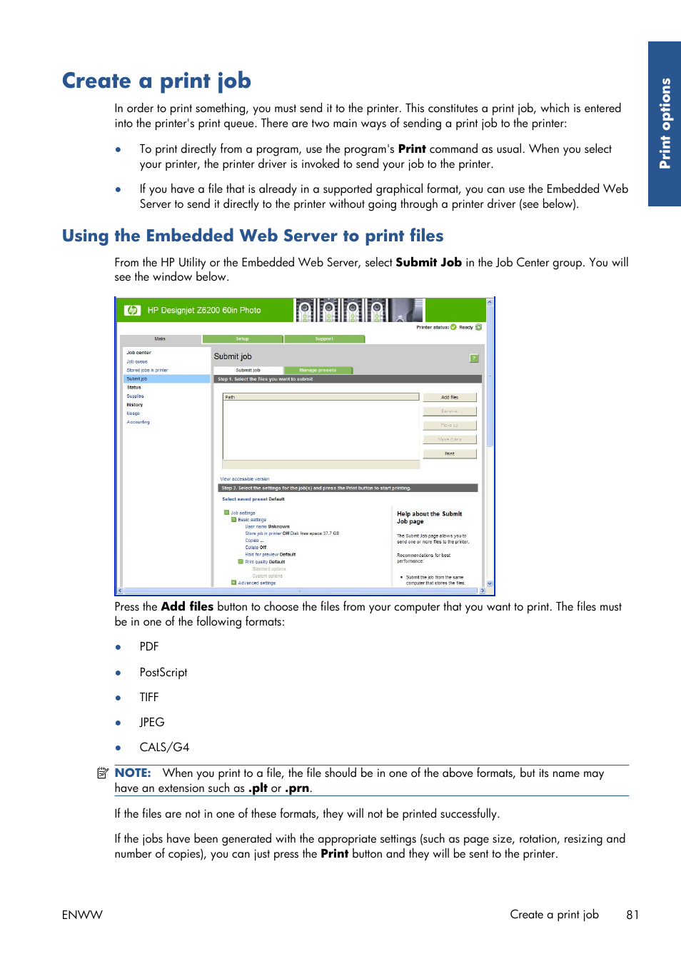 Create a print job, Using the embedded web server to print files | HP Designjet Z6200 Photo Printer User Manual | Page 89 / 220