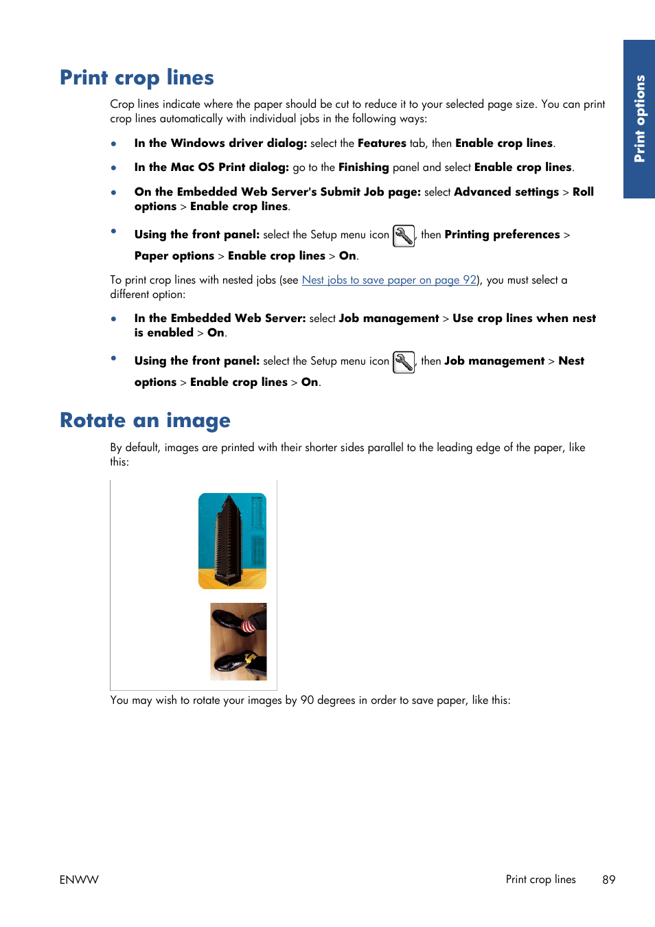 Print crop lines, Rotate an image, Print crop lines rotate an image | HP Designjet Z6200 Photo Printer User Manual | Page 97 / 220