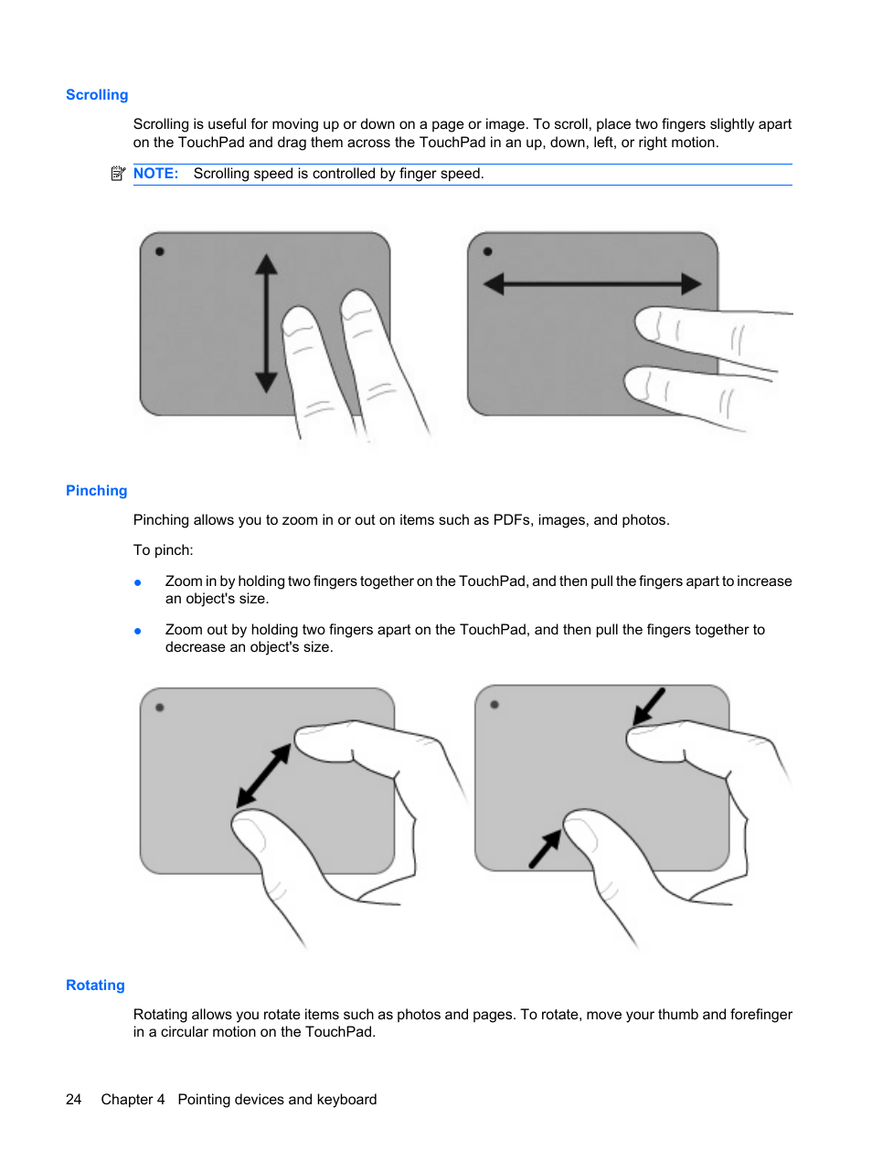 Scrolling, Pinching, Rotating | Scrolling pinching rotating | HP Envy 15-1002xx Notebook PC User Manual | Page 34 / 112