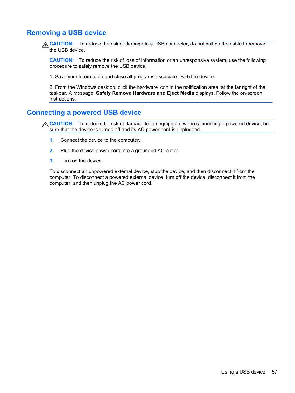 Removing a usb device, Connecting a powered usb device | HP Spectre Ultrabook 14-3210nr User Manual | Page 67 / 96
