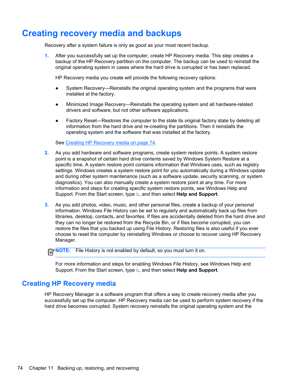 Creating recovery media and backups, Creating hp recovery media | HP Spectre Ultrabook 14-3210nr User Manual | Page 84 / 96