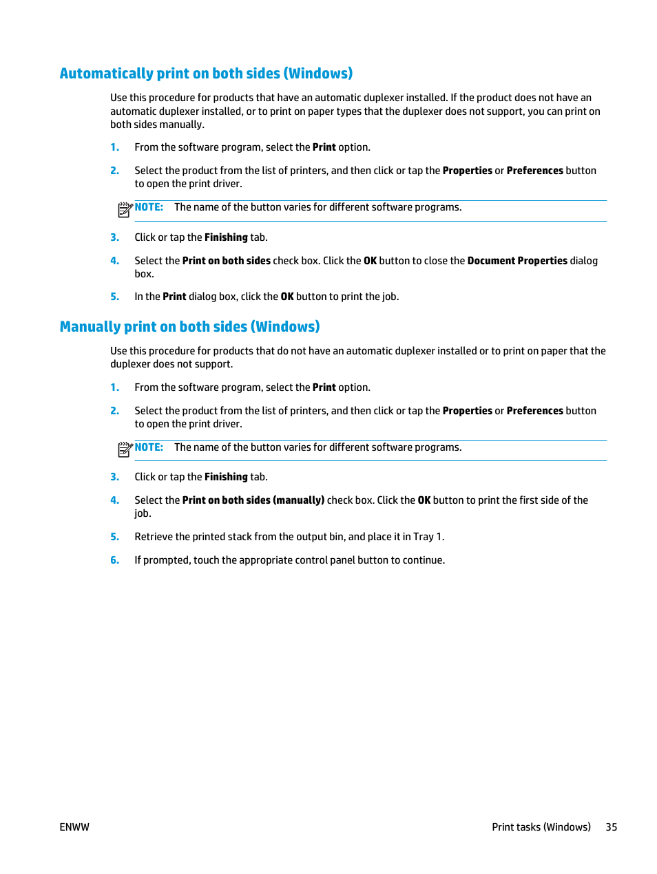Automatically print on both sides (windows), Manually print on both sides (windows) | HP Color LaserJet Enterprise M651 Printer series User Manual | Page 43 / 114