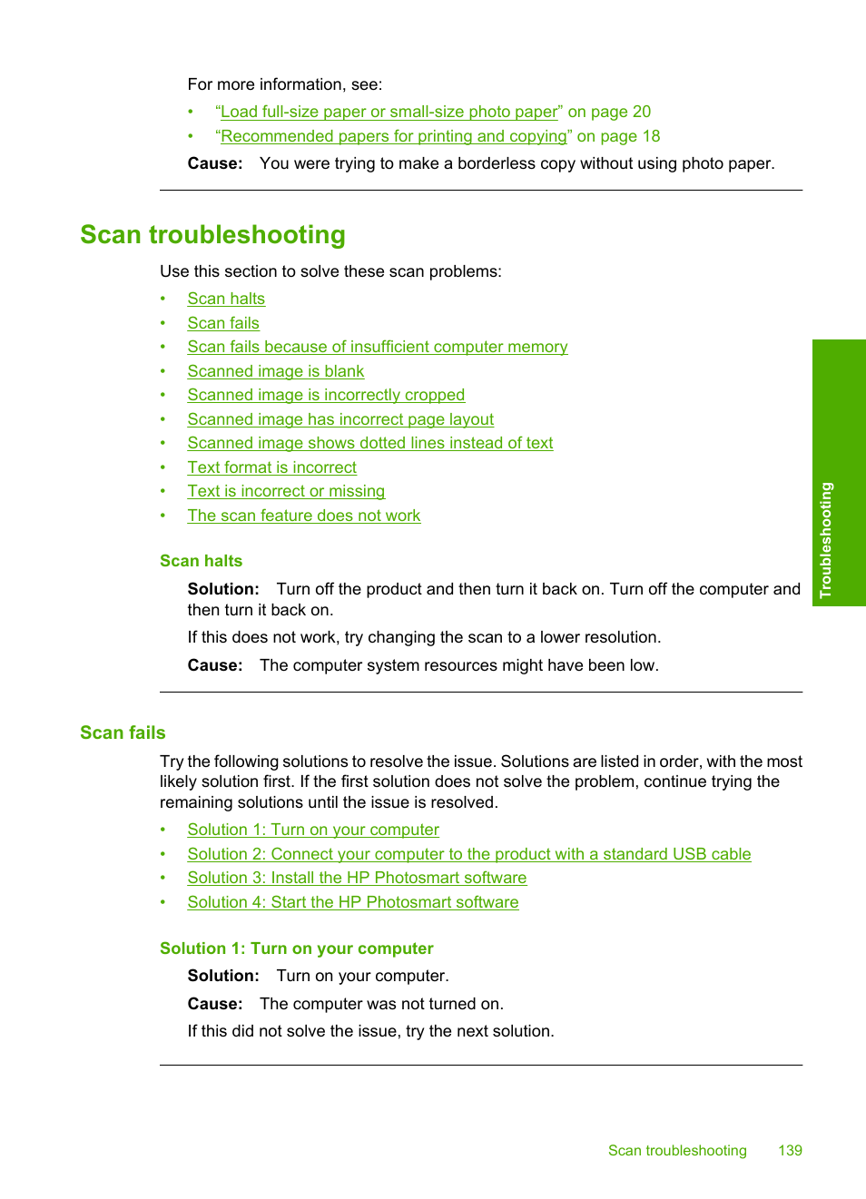 Scan troubleshooting, Scan fails | HP Photosmart C4435 All-in-One Printer User Manual | Page 142 / 243