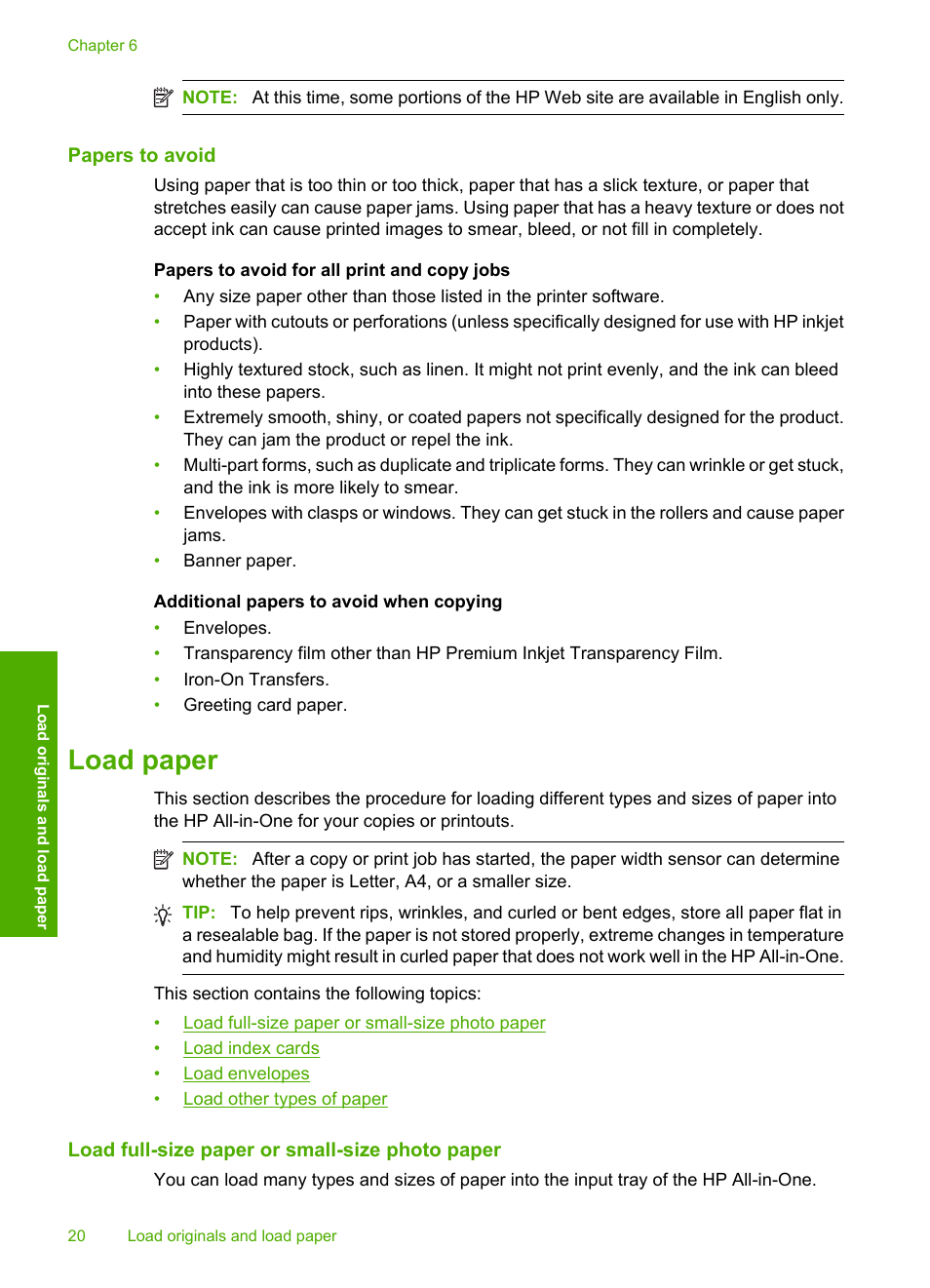 Papers to avoid, Load paper, Load full-size paper or small-size photo paper | HP Photosmart C4435 All-in-One Printer User Manual | Page 23 / 243