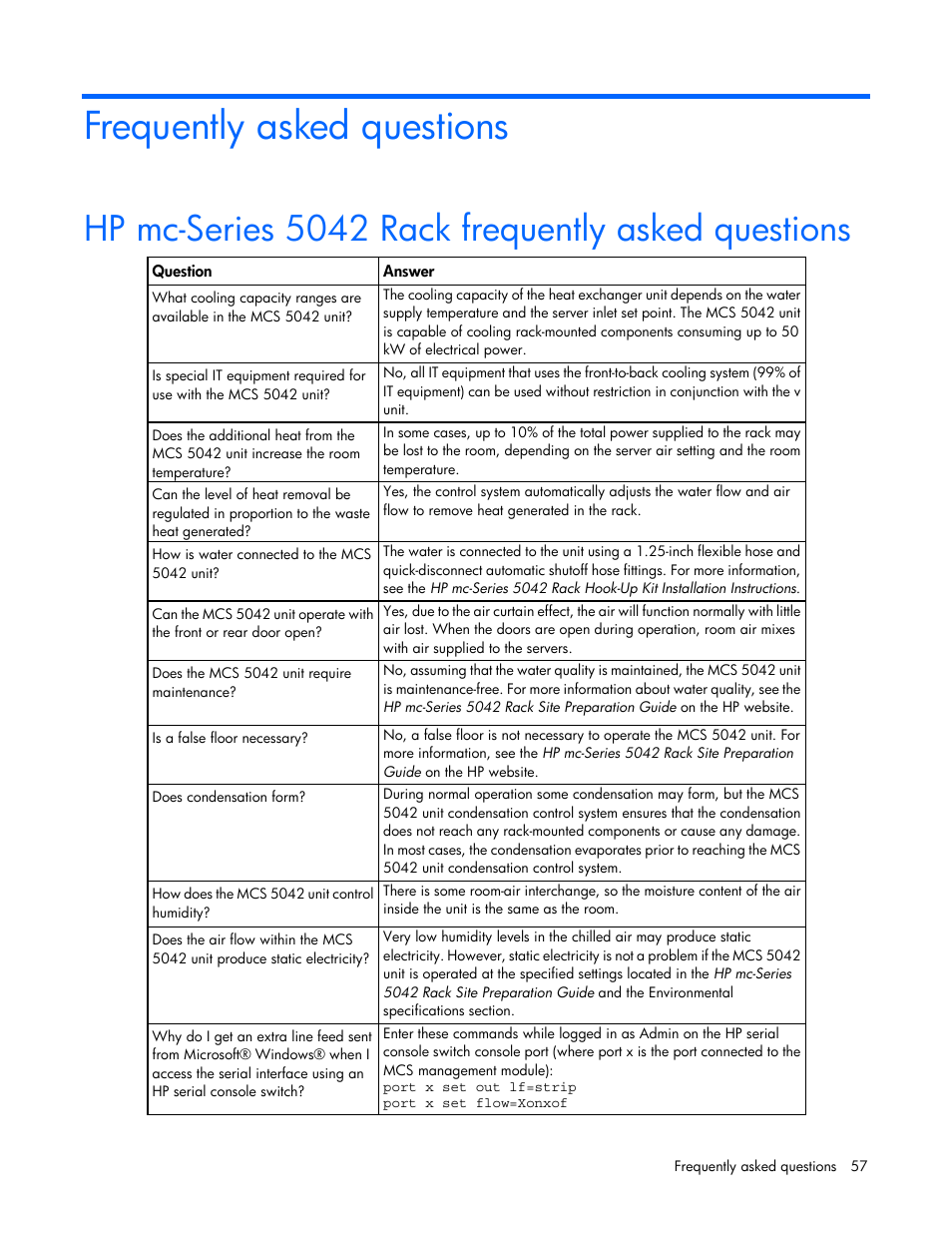 Frequently asked questions, Hp mc-series 5042 rack frequently asked questions | HP Modular Cooling System User Manual | Page 57 / 78