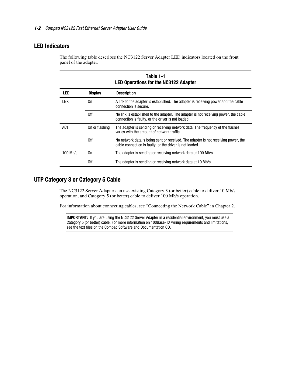 Led indicators, Utp category 3 or category 5 cable, Led indicators -2 | Utp category 3 or category 5 cable -2 | HP NC3122 Fast Ethernet Server Adapter User Manual | Page 10 / 19