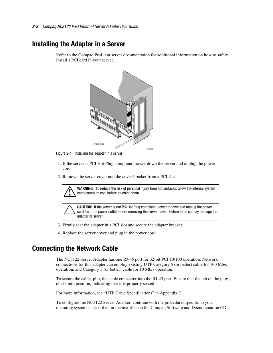 Installing the adapter in a server, Connecting the network cable, Installing the adapter in a server -2 | Connecting the network cable -2 | HP NC3122 Fast Ethernet Server Adapter User Manual | Page 12 / 19