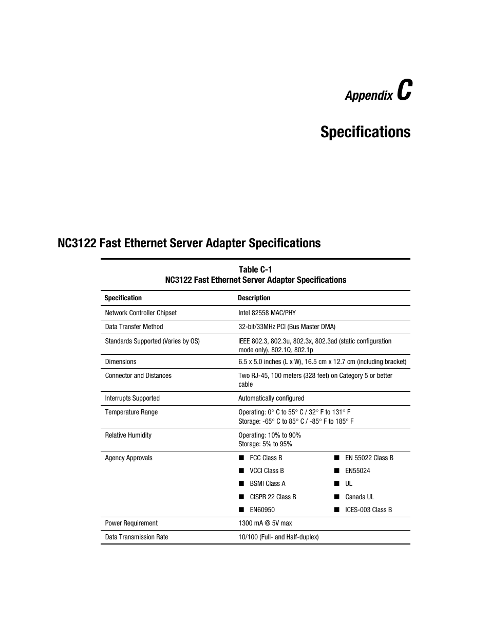 Appendix c: specifications, Nc3122 fast ethernet server adapter specifications, Appendix c | Specifications, Appendix | HP NC3122 Fast Ethernet Server Adapter User Manual | Page 17 / 19
