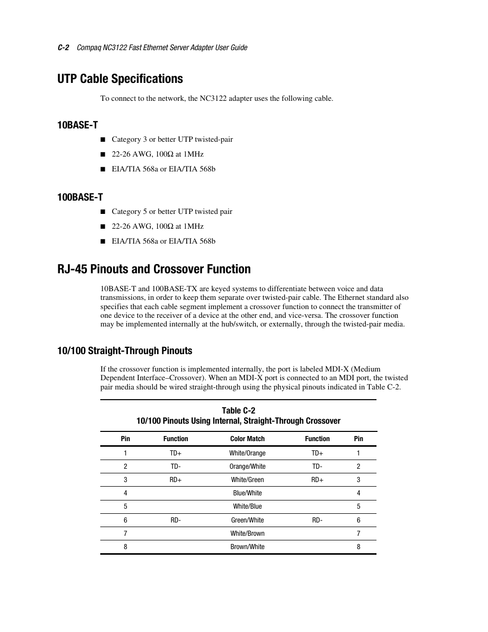 Utp cable specifications, 10base-t, 100base-t | Rj-45 pinouts and crossover function, 10/100 straight-through pinouts | HP NC3122 Fast Ethernet Server Adapter User Manual | Page 18 / 19