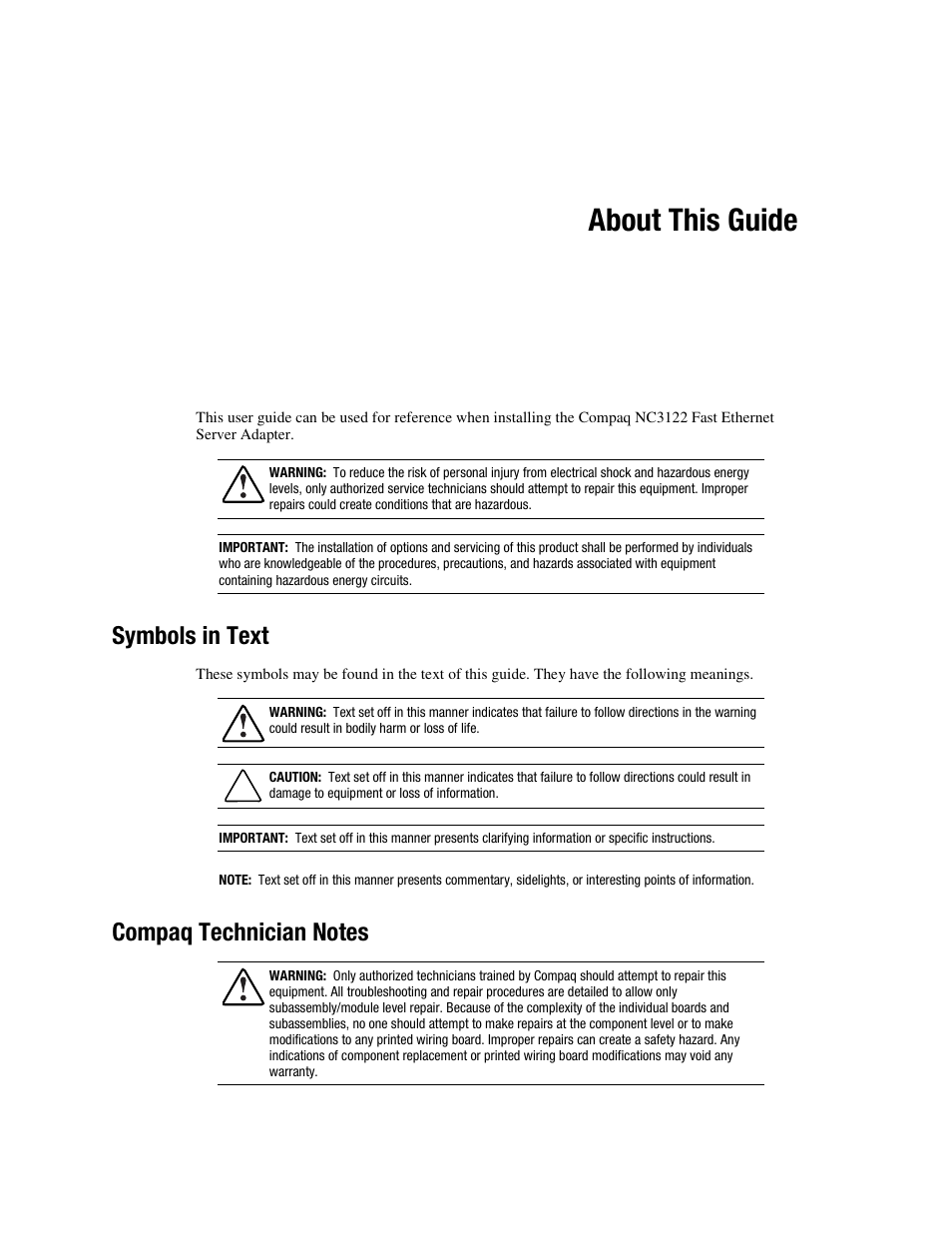 About this guide, Symbols in text, Compaq technician notes | HP NC3122 Fast Ethernet Server Adapter User Manual | Page 5 / 19