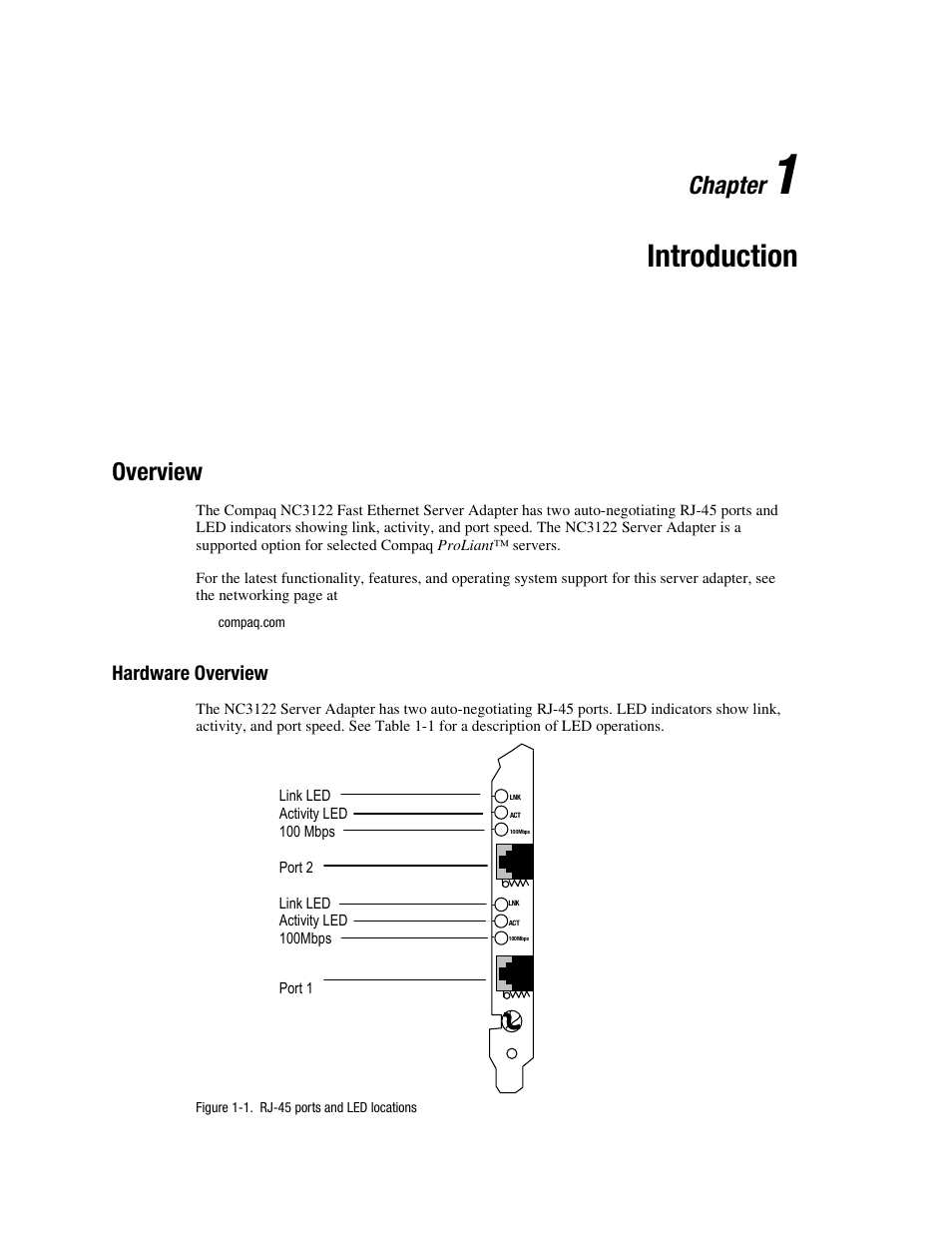 Chapter 1: introduction, Overview, Hardware overview | Chapter 1, Introduction, Overview -1, Hardware overview -1, Chapter | HP NC3122 Fast Ethernet Server Adapter User Manual | Page 9 / 19