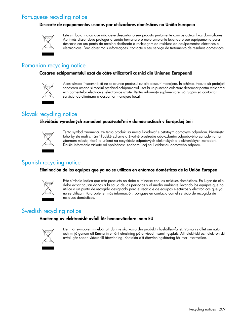 Portuguese recycling notice, Romanian recycling notice, Slovak recycling notice | Spanish recycling notice, Swedish recycling notice | HP EVA P6000 Storage User Manual | Page 209 / 316