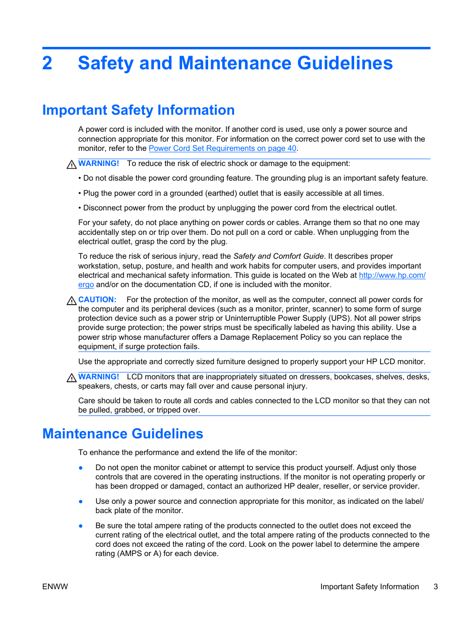Safety and maintenance guidelines, Important safety information, Maintenance guidelines | 2 safety and maintenance guidelines, 2safety and maintenance guidelines | HP Compaq LA2206xc 21.5-inch Webcam LCD Monitor User Manual | Page 11 / 52