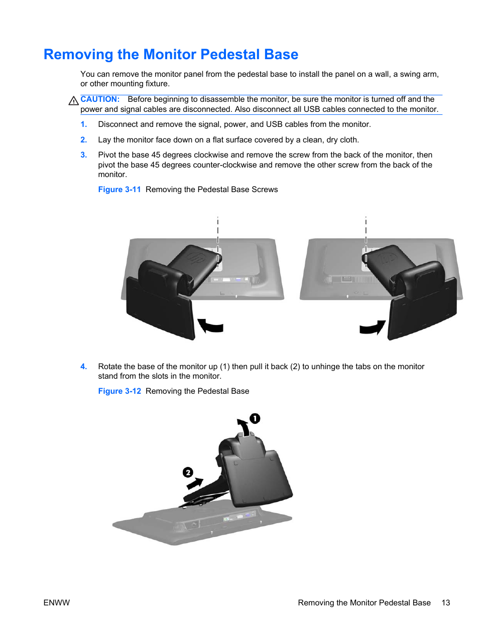 Removing the monitor pedestal base | HP Compaq LA2206xc 21.5-inch Webcam LCD Monitor User Manual | Page 21 / 52