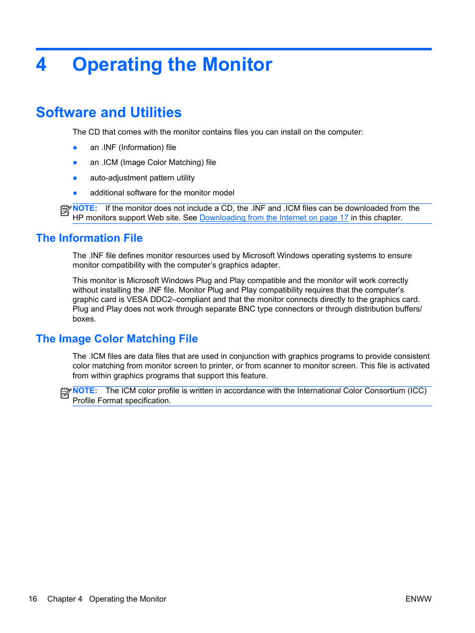 Operating the monitor, Software and utilities, The information file | The image color matching file, 4 operating the monitor, The information file the image color matching file, 4operating the monitor | HP Compaq LA2206xc 21.5-inch Webcam LCD Monitor User Manual | Page 24 / 52