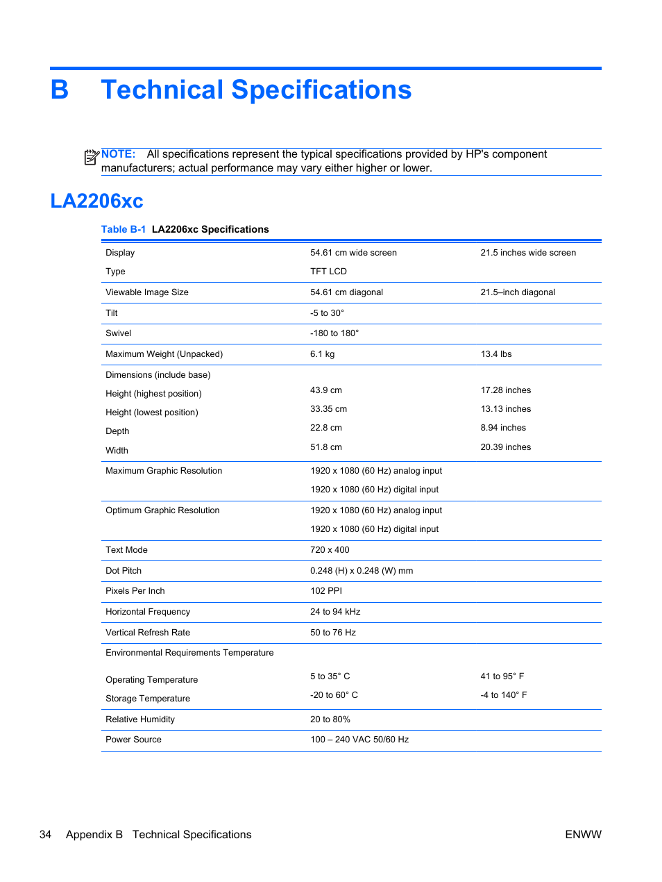 Technical specifications, La2206xc, Appendix b technical specifications | Btechnical specifications | HP Compaq LA2206xc 21.5-inch Webcam LCD Monitor User Manual | Page 42 / 52