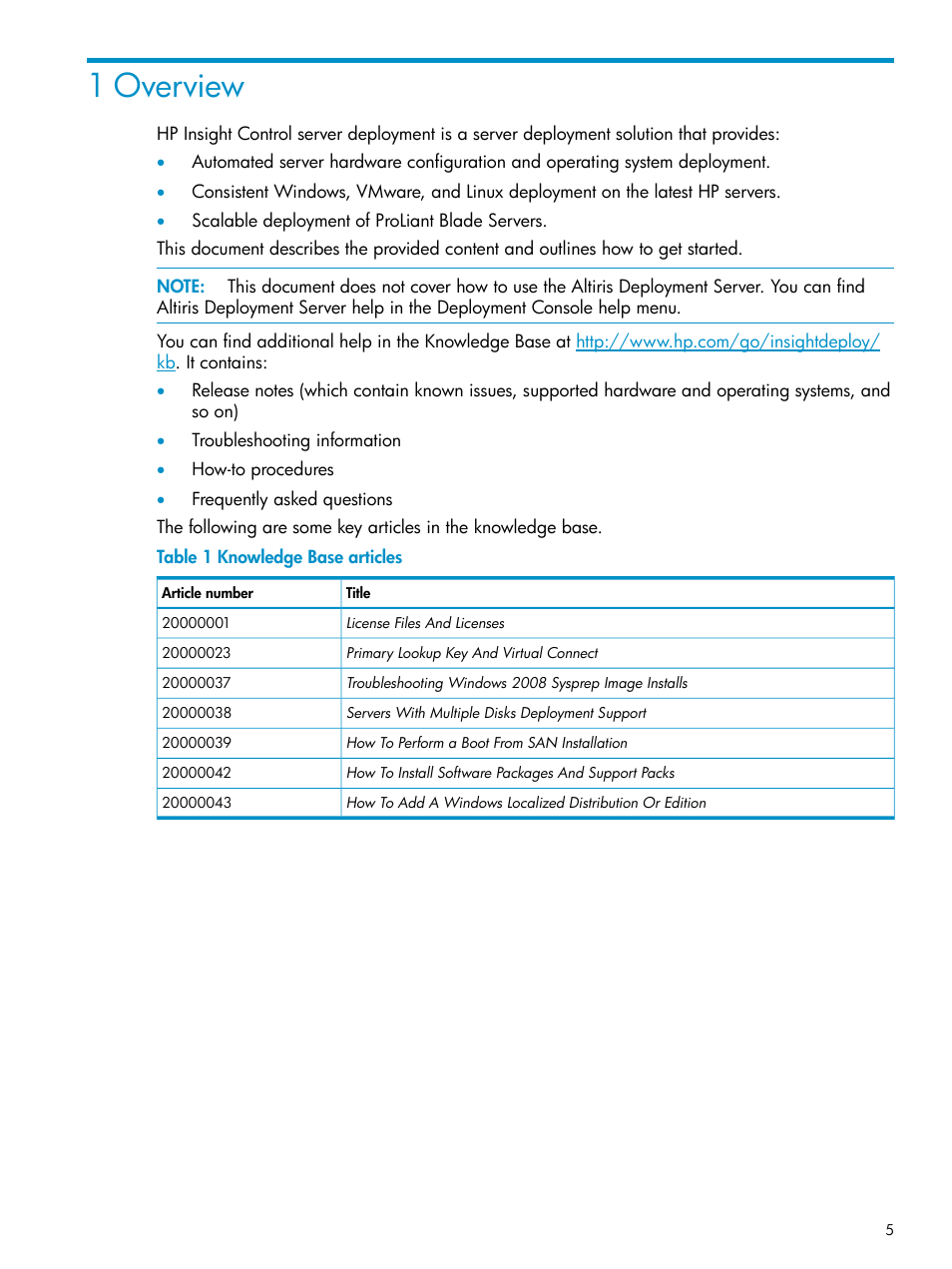 1 overview, Knowledge base articles | HP Insight Control User Manual | Page 5 / 24