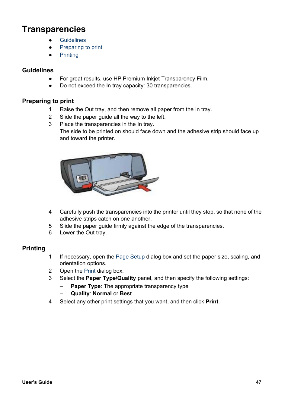 Transparencies, Guidelines, Preparing to print | Printing | HP Deskjet 5740 Color Inkjet Printer User Manual | Page 49 / 102