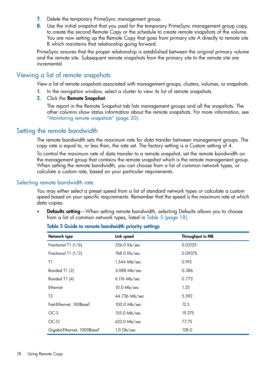 Viewing a list of remote snapshots, Setting the remote bandwidth, Selecting remote bandwidth rate | HP LeftHand P4000 Virtual SAN Appliance Software User Manual | Page 18 / 59
