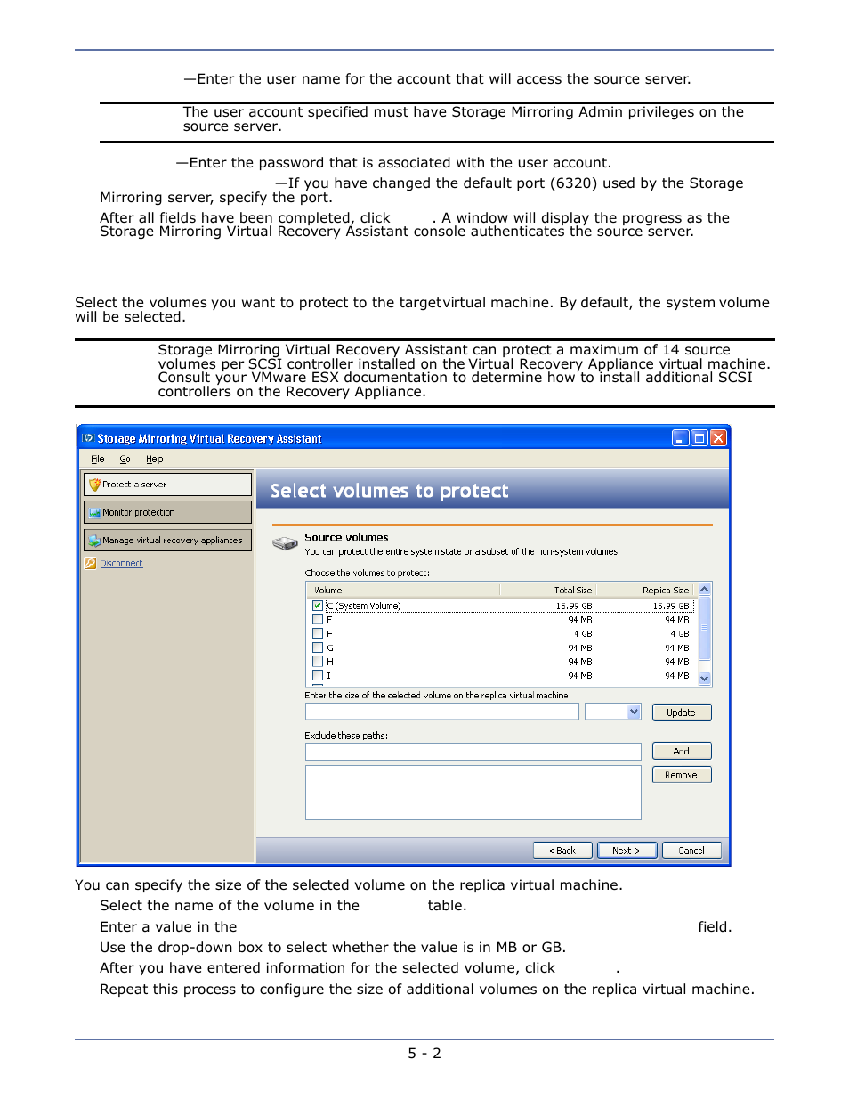 Select volumes to protect, Select volumes to protect -2 | HP Storage Mirroring V5.1 Software User Manual | Page 12 / 24