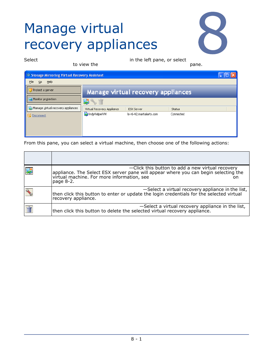Manage virtual recovery appliances, Chapter 8 manage virtual recovery appliances -1 | HP Storage Mirroring V5.1 Software User Manual | Page 21 / 24