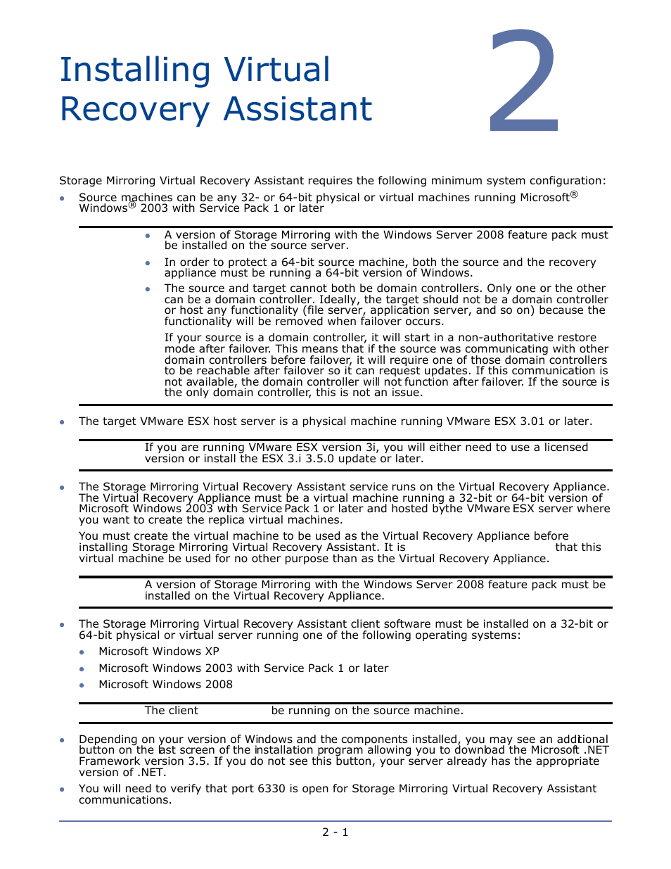 Installing virtual recovery assistant, Requirements, Chapter 2 installing virtual recovery assistant -1 | Requirements -1 | HP Storage Mirroring V5.1 Software User Manual | Page 6 / 24