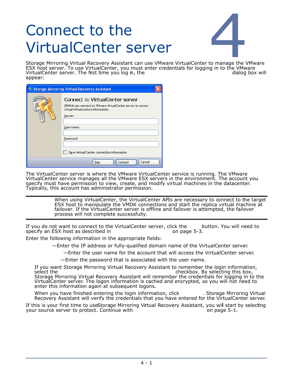 Connect to the virtualcenter server, Chapter 4 connect to the virtualcenter server -1 | HP Storage Mirroring V5.1 Software User Manual | Page 9 / 24