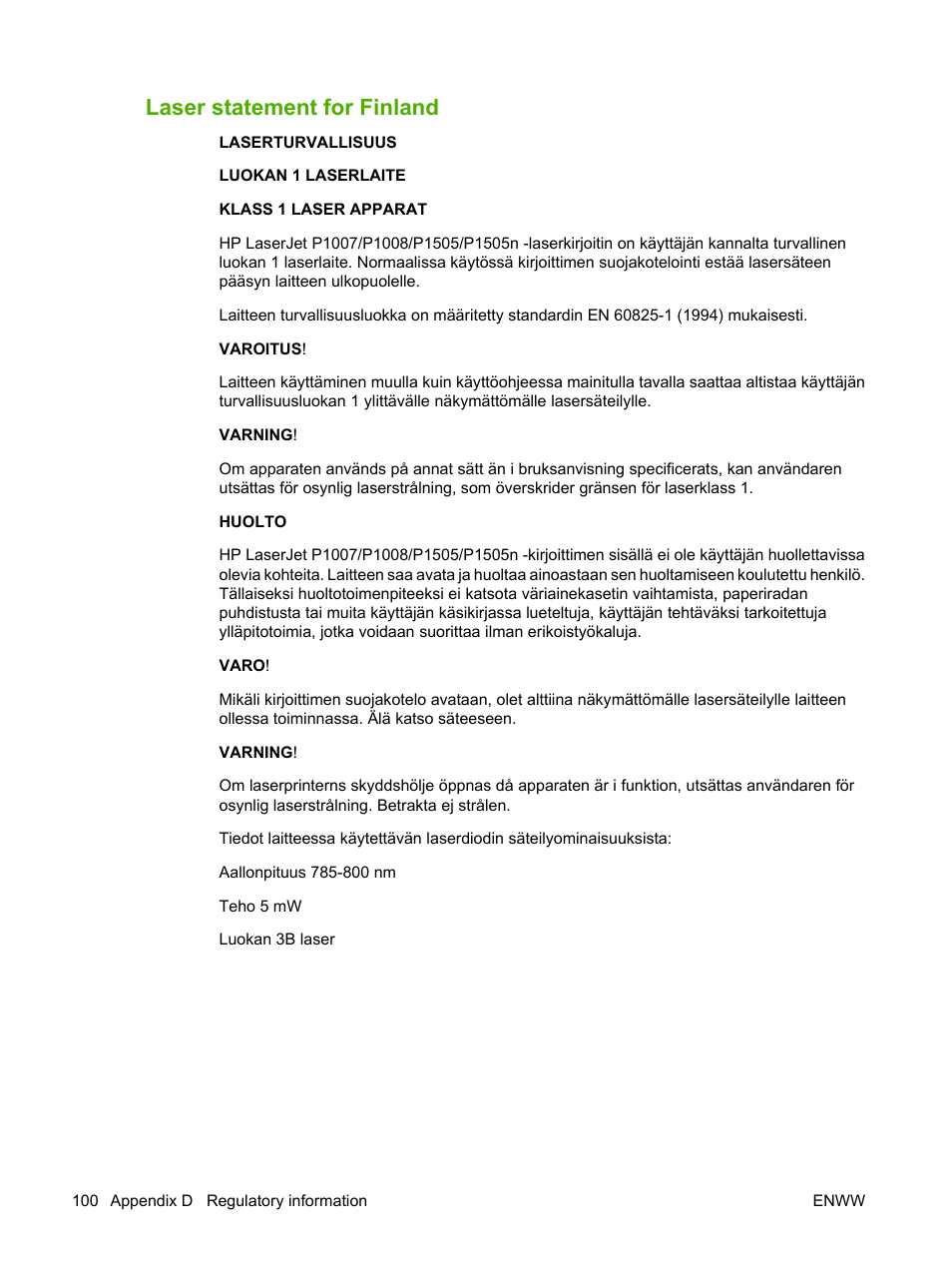 Laser statement for finland | HP LaserJet P1007 Printer User Manual | Page 110 / 120